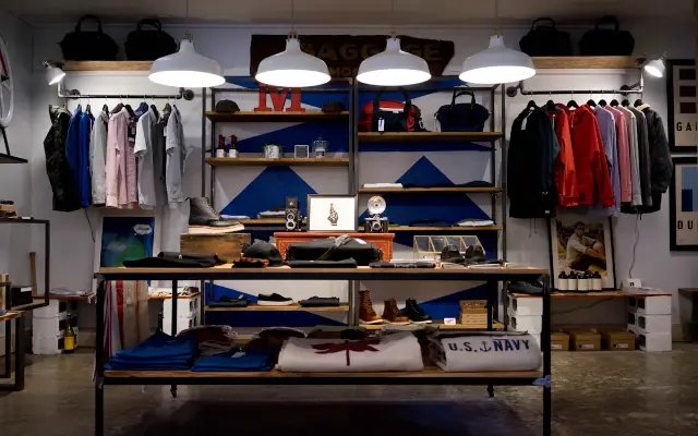 Clothing and accessories on display in a boutique.
