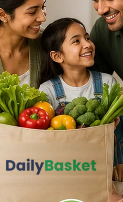 A smiling girl behind a DailyBasket tote bag filled with fresh fruit and vegetables.