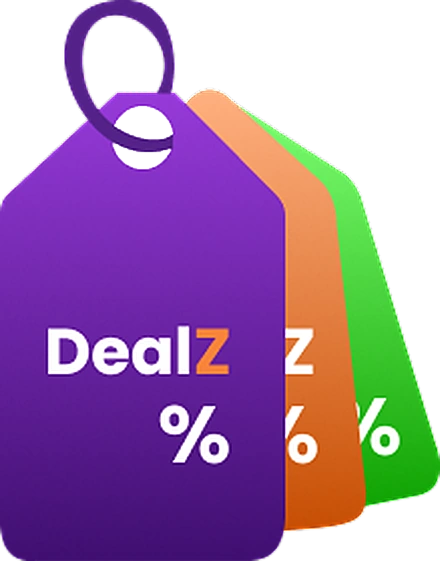 The DealZ logo — three overlapping price tags in purple, orange and green