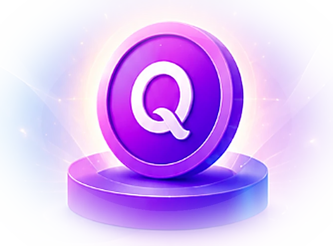 The QiPoints coin — a purple Q medallion standing on a plinth
